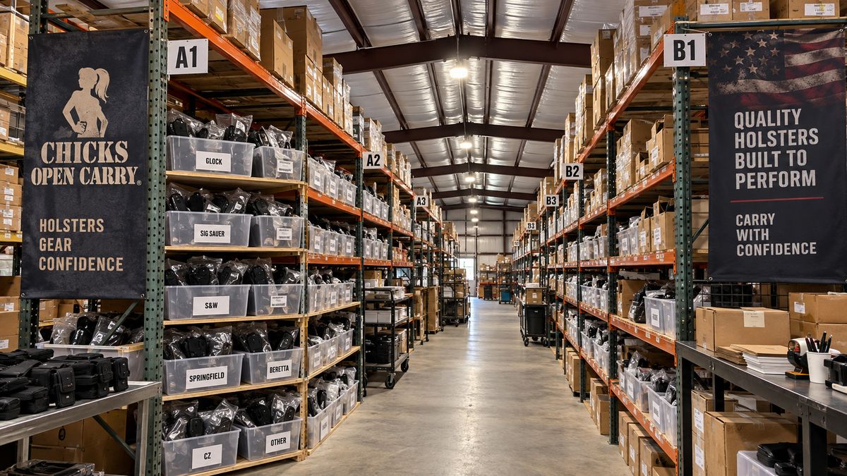 Aisles of labelled bins of used duty holsters at the Chicks Open Carry warehouse in Iva, South Carolina
